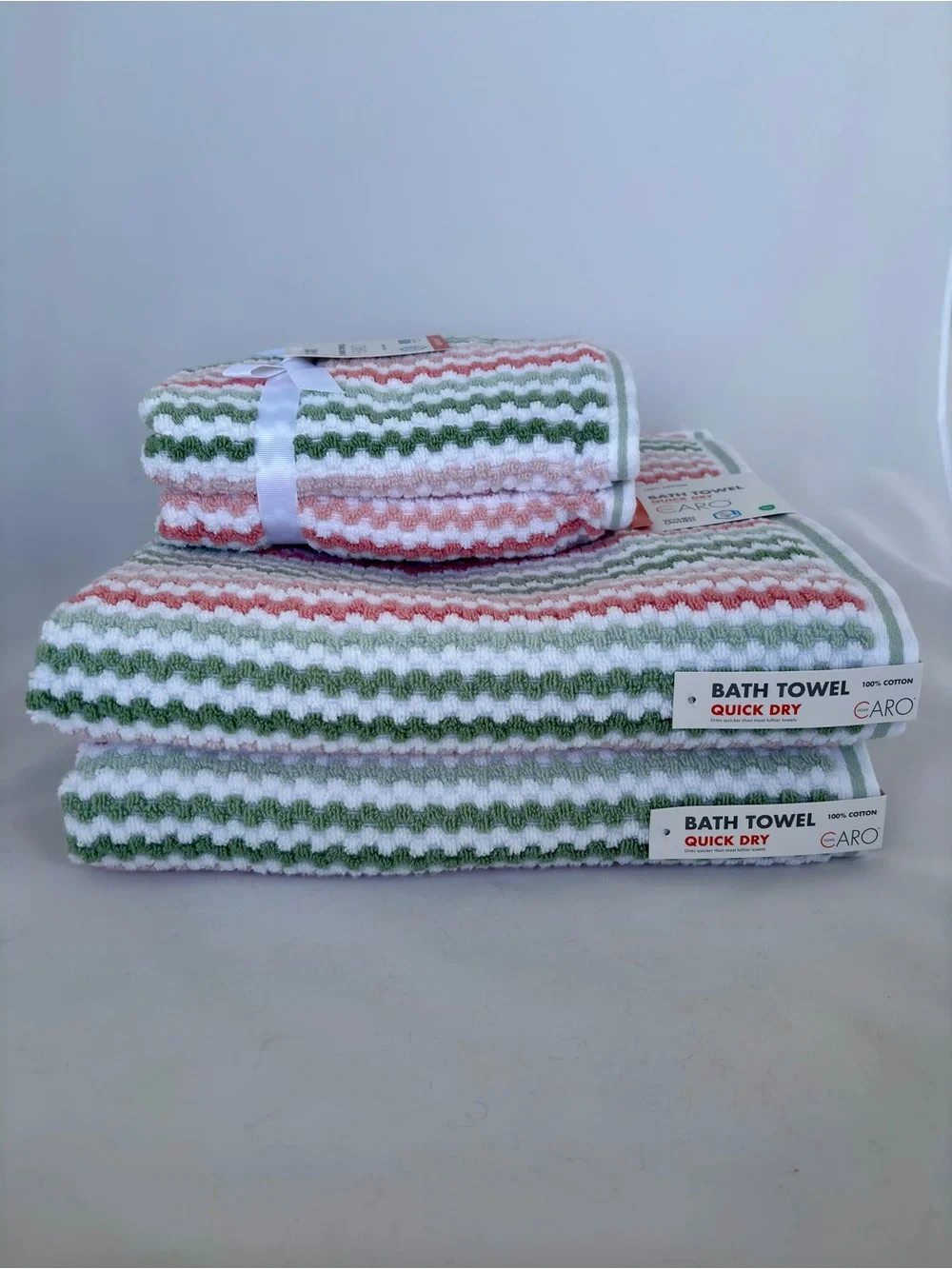 NWT 4Pc Caro Retro Boho Bath & Hand Towel Set Sage Green Blush Pink Quick Dry